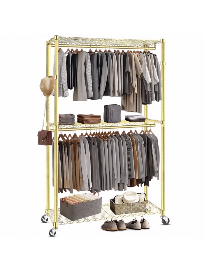 Qhomic 3 Tiers Heavy Duty Clothes Rack, Free-Standing Double Rods Clothing Closet Rack for Hanging Clothes, Garment Rack with Lockable Wheels & 2 Side Hooks, Gold, 46.8" x 17.6" x 80"