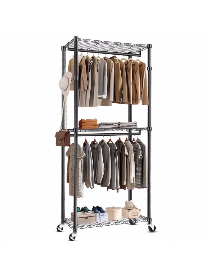 Qhomic 3 Tiers Heavy Duty Clothes Rack, Free-Standing Double Rods Clothing Closet Rack for Hanging Clothes, Garment Rack with Lockable Wheels & 2 Side Hooks, Black, 23.62" x 16.54" x 80"