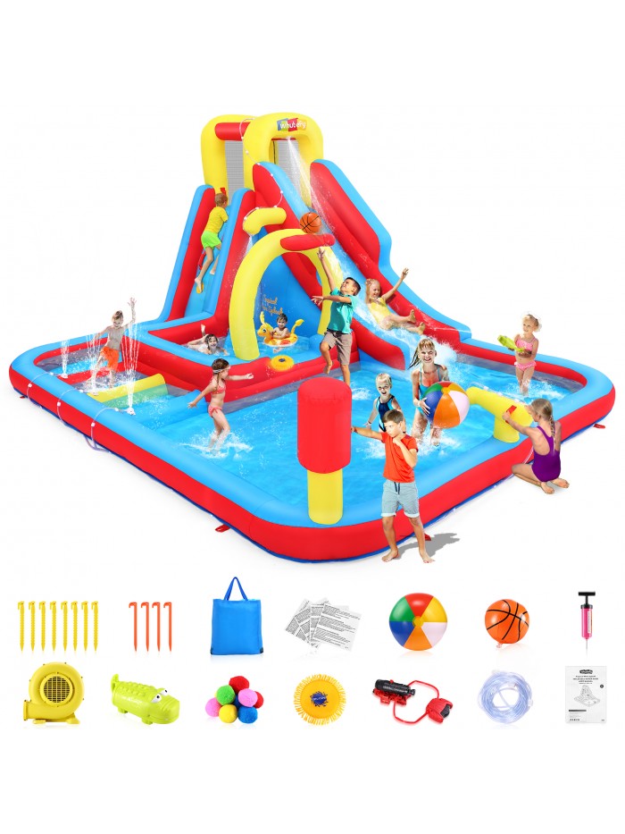 Adnoom Inflatable Bounce House with Water Park, Bounce House with Dual Pools, Slide, Climbing Wall, 3 Obstacle Course, Water Cannon, Water Slide for Kid 3~12, with 480W Blower, Indoor & Outdoor