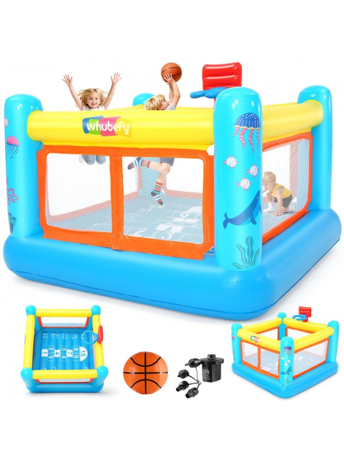 Adnoom Bounce House for Kids 3-6, PVC Inflatable Bounce House with Basketball Hoop, Indoor Bouncy House with Blower, Outdoor Jumping Castle with Game Map & Basketball