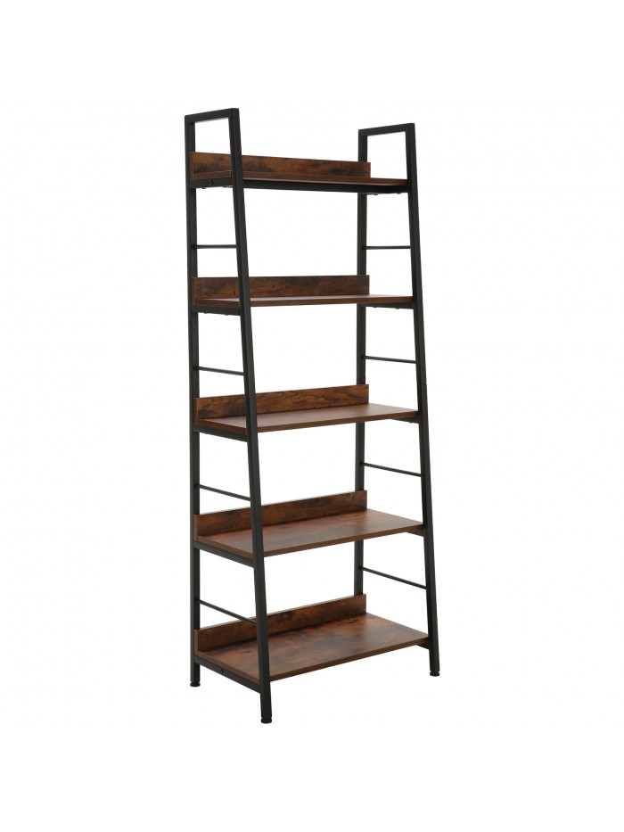 Qhomic 5-Tier Ladder Shelf Bookcase for Storage, Bookshelf Leaning Shelves for Office, Shelving without Wheel, Brown