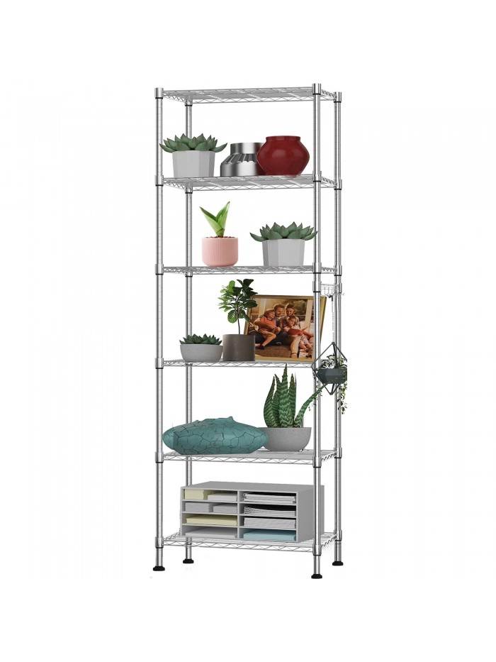 Qhomic 6-Tier Wire Shelving Unit Storage Rack Metal Shelf Organizer with 6 Hooks for Kitchen Bathroom Garage Balcony 21.26" x 11.42" x 62.99", Silver
