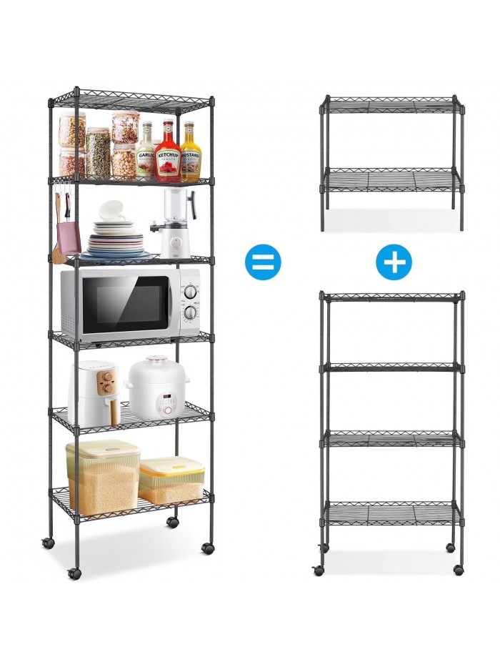 Qhomic 6-Tiers Heavy Duty Clothing Garment Racks with 5 Adjustable Height Storage Shelves,Rolling Clothing Racks on Wheels, Wire Shelving Unit (Black)