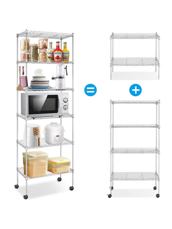 Qhomic 6-Tiers Heavy Duty Clothing Garment Racks with 5 Adjustable Height Storage Shelves,Rolling Clothing Racks on Wheels, Wire Shelving Unit 21.26" x 11.42" x 68.9", Silver